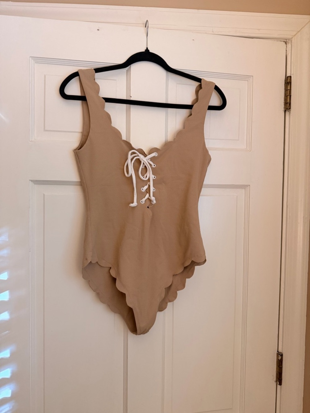 Scalloped Lace-Up One-Piece Swimsuit - Beige